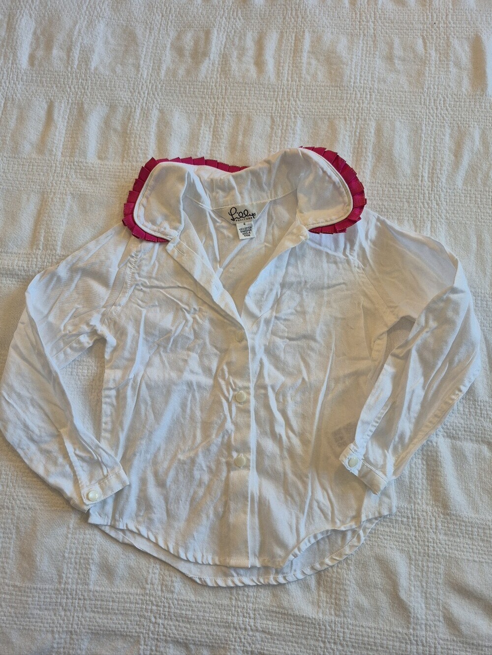 Lilly Pulitzer girls 4 white blouse bright pink ruffled collar button up EUC